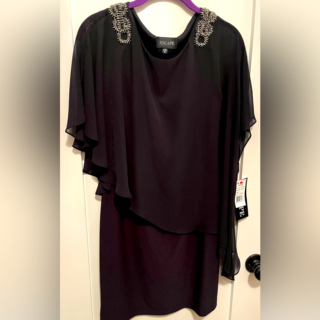 Xscape Black Chiffon Cape Overlay Dress | Size 4 | With Tags!